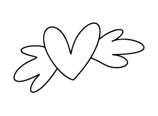 Wall Mural - Hand drawn love heart with wings vector logo line illustration. Black outline. Element Monoline for Valentine Day banner, poster, greeting card