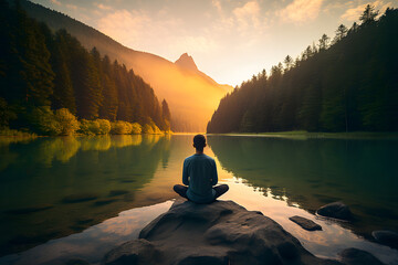 Wall Mural - person meditating in nature with an emphasis on tranquility, mindfulness, and relaxation