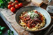 Beautiful vintage bolognese pasta on ardoise on wood table, generated with AI