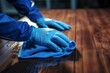 Blue gloved hand caresses the table, ensuring pristine cleanliness