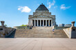 The Shrine of Remembrance, a war memorial built in 1934 to honor all Australians who have served in any war, in classical style, based on the Tomb of Mausolus at Halicarnassus, Melbourne, Dec. 2019