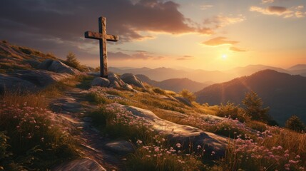 Wall Mural - Holy christian religious cross at sunrise on top of hill crucifix