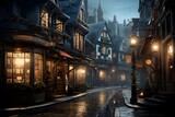 Fototapeta Londyn - Illustration of a street in the old town of London at night