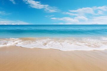 Picturesque tropical beach: bright blue sky, calm and clear sea. The white sandy beach and green palm trees create an atmosphere of tranquility. Ideal for travel brochures, postcards, travel and summe