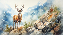 Watercolor Image Of A Deer Standing On A Cliff.
