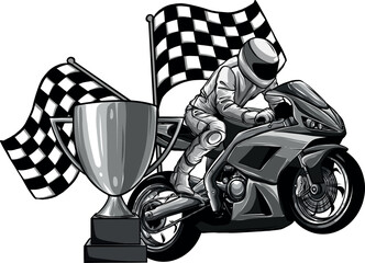 Canvas Print - monochromatic illustration of superbike with race flag