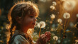 Child Blowing Dandelion Seeds into the Air, Showcasing the Playful and Carefree Spirit of a Spring Day