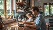 © thesweetsheep - Balancing Work and Life at Home: parent working on a laptop at a kitchen table while children play nearby