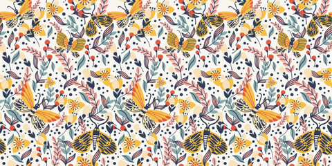 Poster - Butterflies and flowers wallpaper. Bright and stylish textile pattern. Vector seamless pattern for printing.
