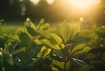 Poster - Fresh green leaf with sunlight on blurred greenery background. Natural green leaves bokeh.