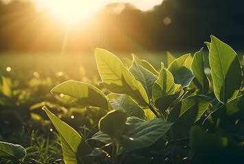 Poster - Fresh green leaf with sunlight on blurred greenery background. Natural green leaves bokeh.