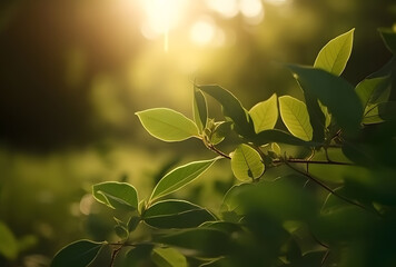 Poster - Fresh green leaf with sunlight on blurred greenery background. Natural green leaves bokeh.