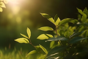 Poster - Fresh green leaf with sunlight on blurred greenery background. Natural green leaves bokeh.