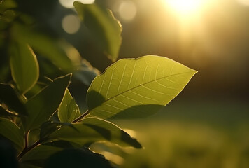 Poster - Fresh green leaf with sunlight on blurred greenery background. Natural green leaves bokeh.