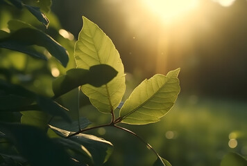 Poster - Fresh green leaf with sunlight on blurred greenery background. Natural green leaves bokeh.