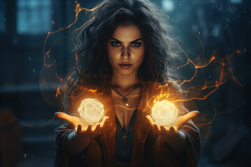 Wall Mural - Generative AI image picture of powerful elements wizard practicing ice water air fire magic video game character