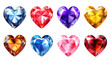 Set of colorful shiny gemstones, diamonds, crystal, sapphires, rubies in heart shape isolated cutout on transparent background