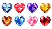 Set Of Colorful Shiny Gemstones, Diamonds, Crystal, Sapphires, Rubies In Heart Shape Isolated Cutout On Transparent Background