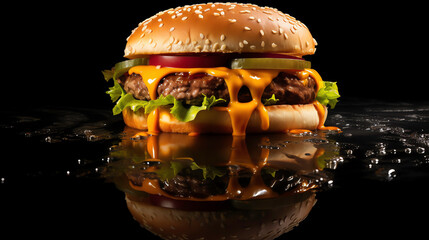 Wall Mural - a cheeseburger with cheese and vegetables on a reflective surface