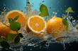 Pomarańcze w Wodnej Eksplozji. Plastry pomarańczy eksplodują w strumieniu wody, tworząc orzeźwiający widok.