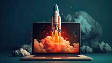 a rocket taking off from a laptop