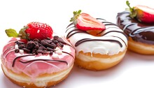 Fresh Three Donut. Chocolate, Vanilla And Strawberry Cream With Topping In The Donut On Isolated White Background.