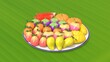 Fruit-Shaped Mung Beans or khanom luk chup on white and blue plate and banana leaf background. Traditional Thai desserts 3d render and 3d illustration NO AI.