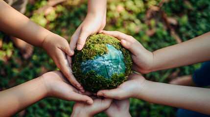 Wall Mural - Top View Hands of People Embracing a Handmade Globe for Protecting Planet Together in World Earth Day Concept. Green Energy, ESG, Renewable, and Sustainable Resources. Environmental Care.