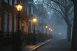 Foggy Victorian London street scene with historic architecture and gas lamps.