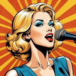 Attractive Blonde Singer With A Microphone, Retro Pop Art Style