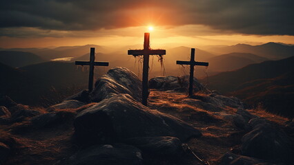 three crosses on top of hill with the sun gleaming behind them Generative AI