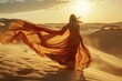 High-fashion desert nomad woman, in flowing fabrics, amidst sand dunes under a scorching sun