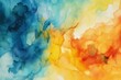 Abstract watercolor background in orange, blue, and yellow hues, crafted with remarkable finesse. Generative AI