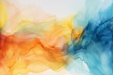 Abstract Watercolor Background In Orange, Blue, And Yellow Hues, Crafted With Remarkable Finesse. Generative AI