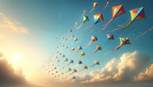 Colorful Flying Kites At Sky.