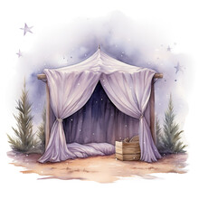 A Watercolor Illustration Of Jesus, Tent In The Morning