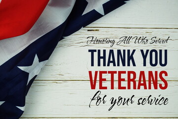 Wall Mural - Thank You for Your Service  text message with USA flag on wooden background