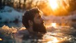 Man with Beard in a Relaxing Ice Bath, Embracing Cold Water Therapy for Health and Wellness