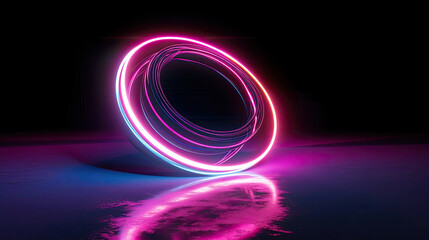 Poster - A dynamic neon circle with streaks of light in the center,. Abstract geometric background of neon linear ring glowing in the dark. Minimalist futuristic wallpaper ,technology concepts, 3d