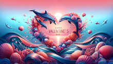 Marine Illustration In The Form Of A Heart With Text. Valentine Card. I Love The Ocean. Ecology