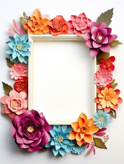 Paper cut flowers with frame on pink background. Paper art style