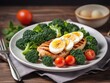 © Tatyana - Grilled chicken breast with boiled eggs, broccoli, tomatoes on a white plate on a wooden table