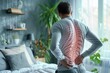 Overcoming Postural Issues. Man with poor posture and back pain in a dark setting. Copy space. Physiotherapy concept