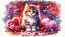 Watercolor Illustration Of Cute Kitten Valentines Day Card. To Create Postcards, Invitations