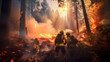 A highly skilled hotshot firemen working on challenging remote area with flames reaching the treetops.