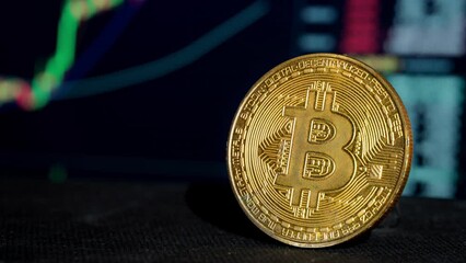 Poster - Bitcoin coin against the background of a cryptocurrency chart. Gold coins and bitcoins. Investment success in the crypto world. Digital cryptocurrency. Stock market and online trading concept