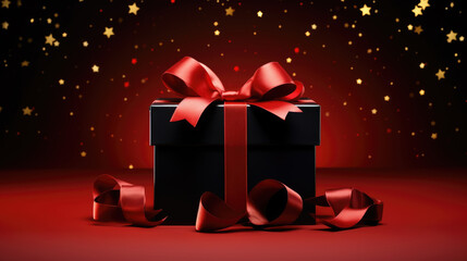 Wall Mural - Red gift box with a golden ribbon, surrounded by a scattering of red and gold star-shaped confetti on a dark background.