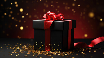 Poster - Red gift box with a golden ribbon, surrounded by a scattering of red and gold star-shaped confetti on a dark background.