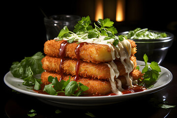 Wall Mural - Mozzarella sticks, fast food, dramatic studio lighting and a shallow depth of field. Placed on a reflective black surface.no.04