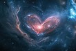 Glittering heart-shaped stars in a cosmic galaxy, with swirling nebulas and distant planets, inspiring awe and love.